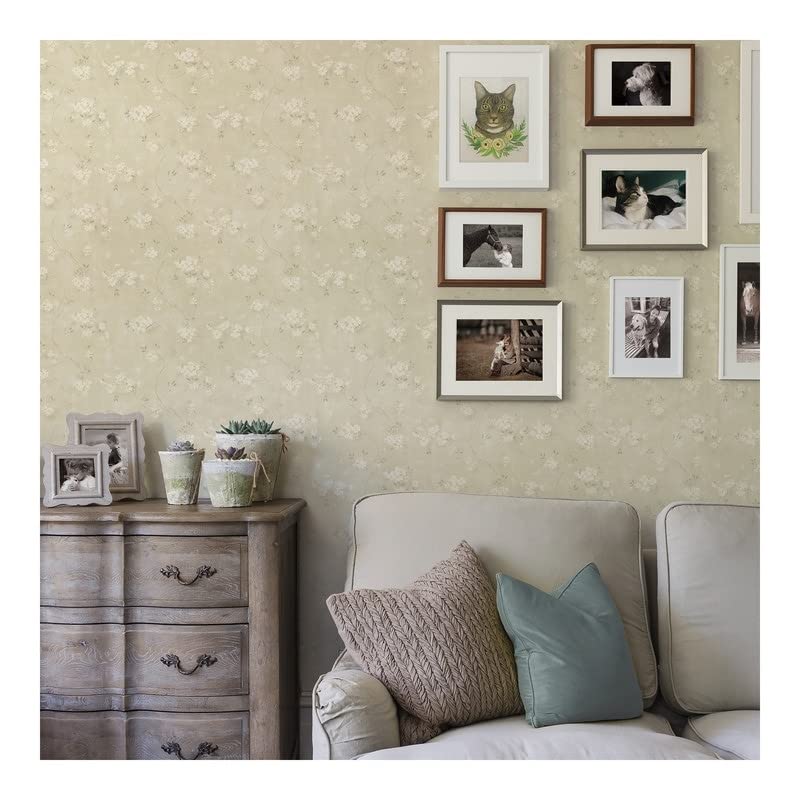 Taupe Floral Trail Wallpaper 20.5 X Farmhouse Wildlife Washable - Diamond Home USA