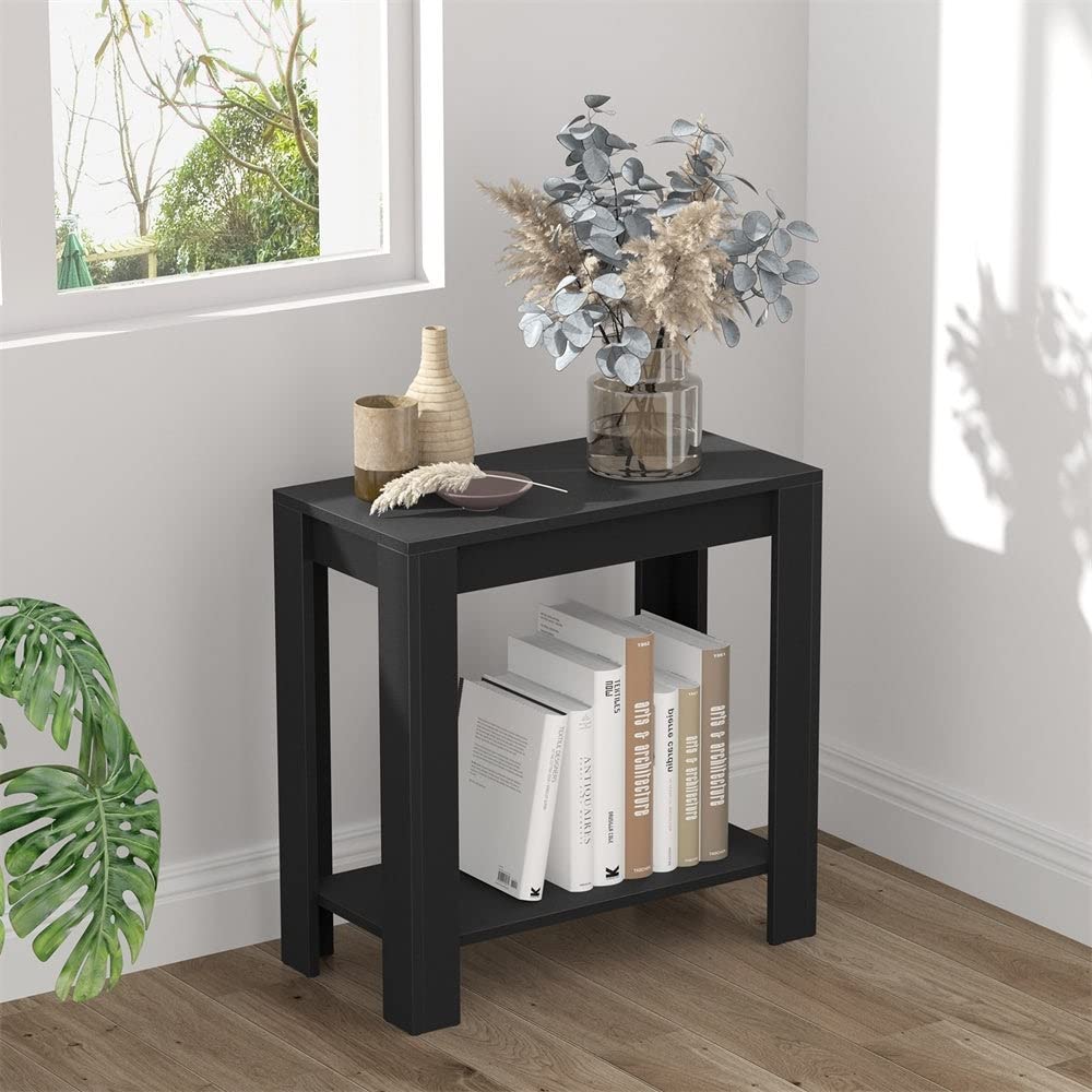Narrow End Table with Shelf Black Modern Contemporary Rectangular MDF Glossy