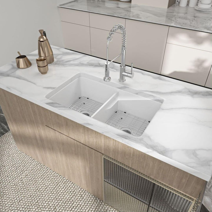 32 Inch Undermount Double Bowl Glossy White Porcelain Kitchen Sink 32"x19" - Diamond Home USA