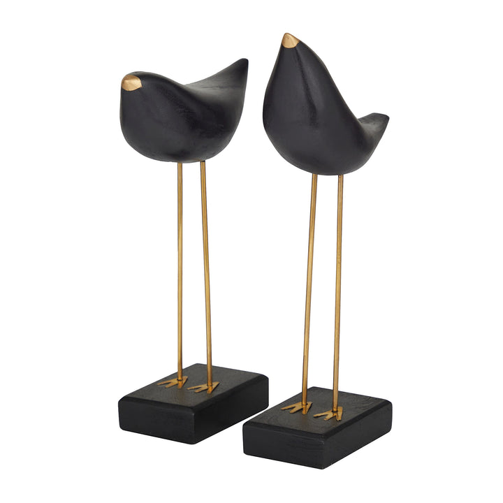 Black Wood Traditional Birds Sculpture (Set of 2) S/2 13" 11" h Animals Handmade - Diamond Home USA
