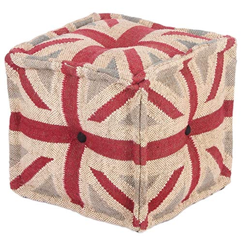 Handmade Upholstered Pouf - 16" L X W H Beige Grey Red Geometric Bohemian