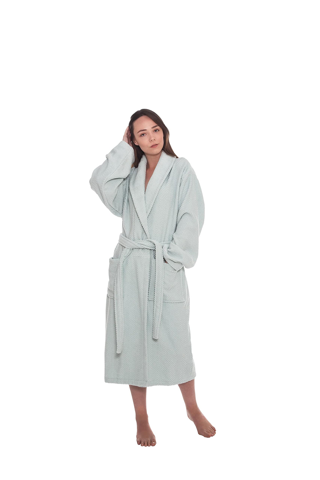 Ozan Premium Home 100% Turkish Cotton Herringbone Bathrobes Shawl Collar with SM - Light Aqua
