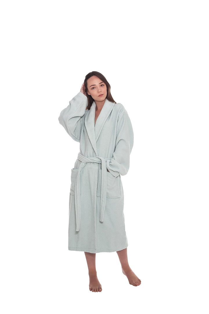 Ozan Premium Home 100% Turkish Cotton Herringbone Bathrobes Shawl Collar with SM - Light Aqua
