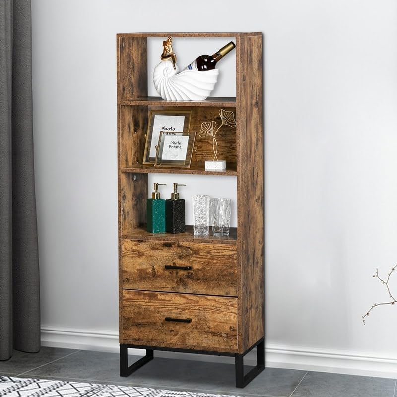 3-Tier Mid Century Modern Bookshelf with Drawers Display Storage Brown - Diamond Home USA