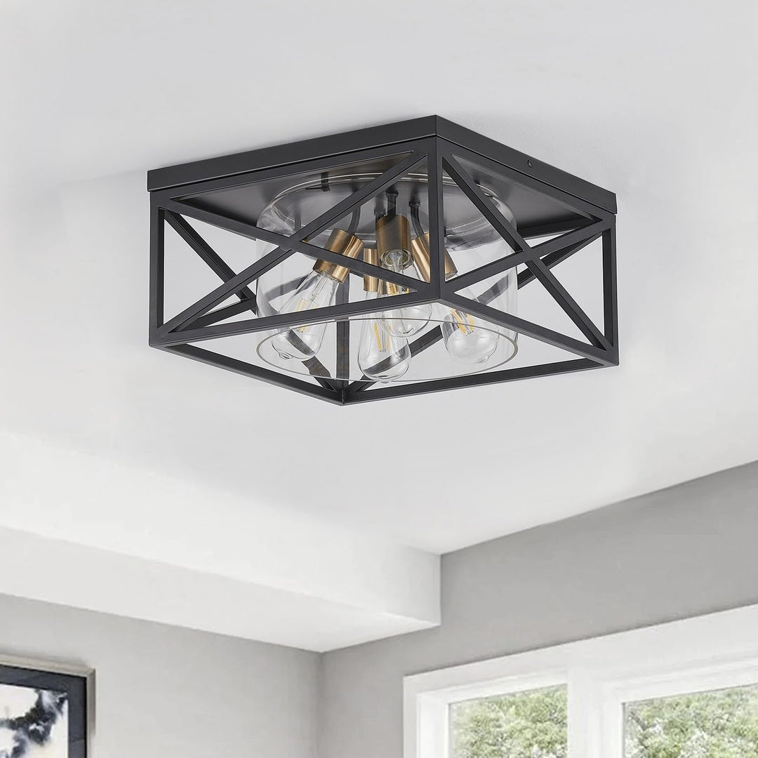 Industrial Rectangle Flush Mount Ceiling Light Fixture with Glass Shade Black