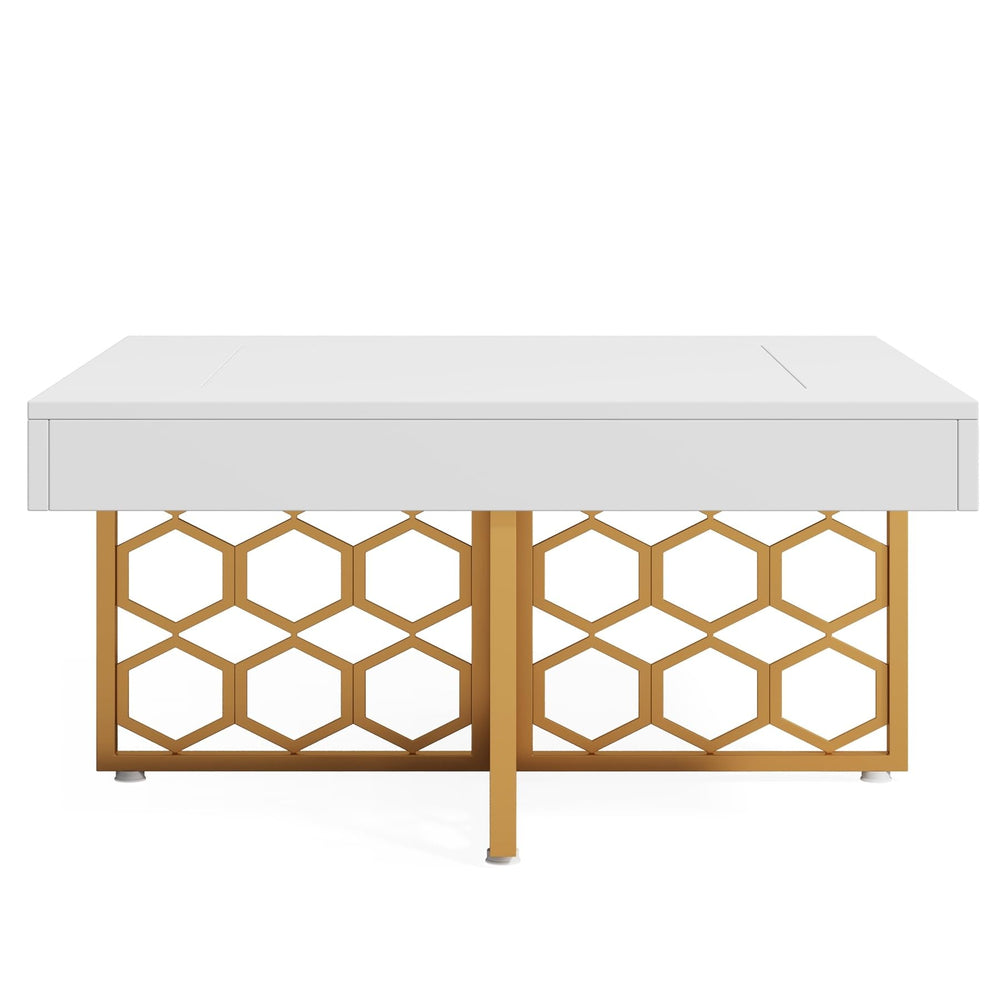 White and Gold Modern Square Coffee Tablewood Metal Tea Table for Living Room - Diamond Home USA