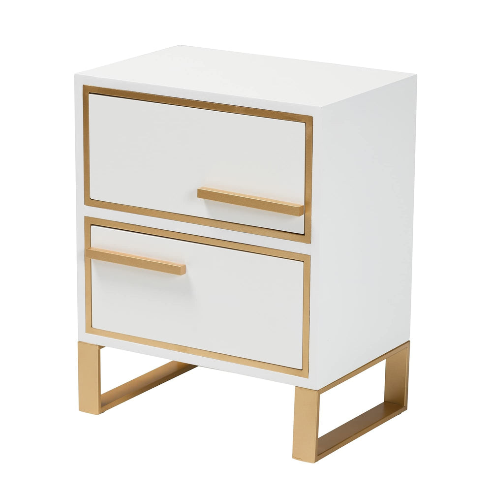 Contemporary Glam and White Finished Wood Gold Metal 2-Drawer Nightstand - Diamond Home USA