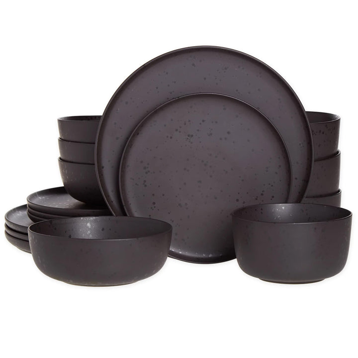 16 Piece Stoneware Dinnerware Set In Pepper With Reactive Glaze Black Solid