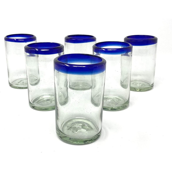 Hand Blown Mexican Drinking Glasses Set Of 6 Juice With Cobalt Blue Rims (8 Oz