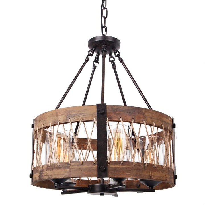 Farmhouse 5-light Chandelier Vintage Hanging Light Round Wood Lighting Fixture