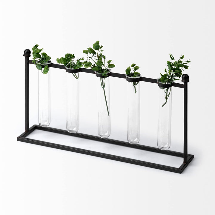 Black Metal Five Glass Test Tube Vase Clear Farmhouse - Diamond Home USA
