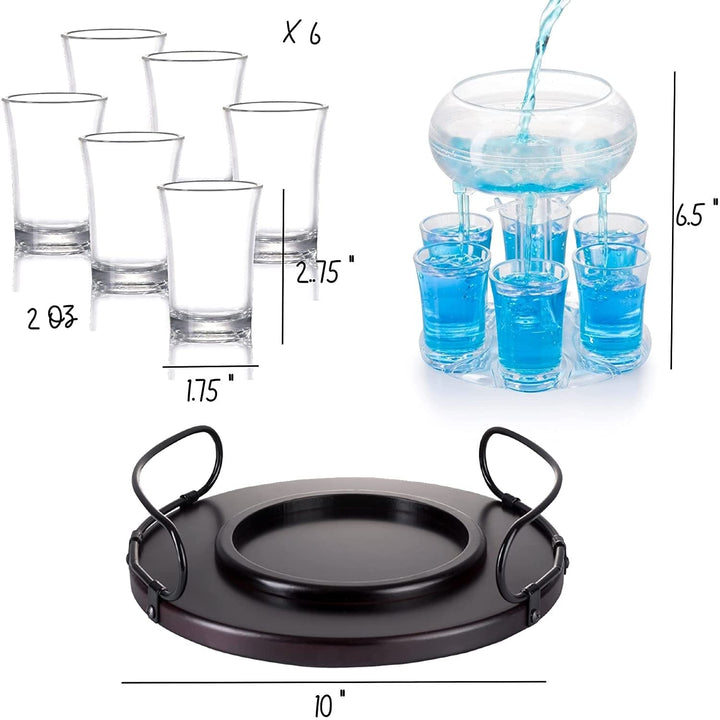 Shot Glass Dispenser with 6 Glasses Wood Tray Clear