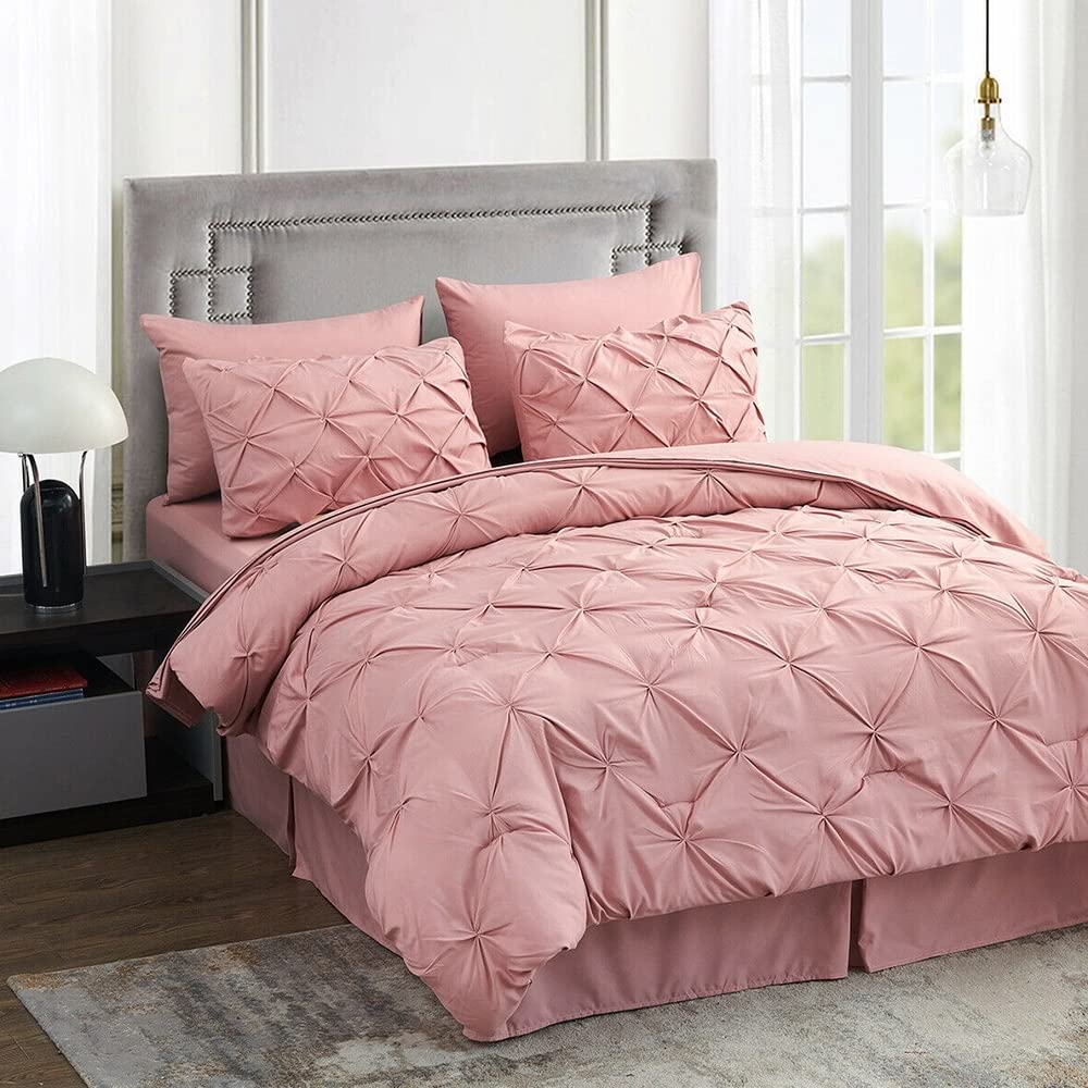 8 Piece Pinch Pleat Pintuck Comforter Set Bed in A Bag Queen Pink Solid Color