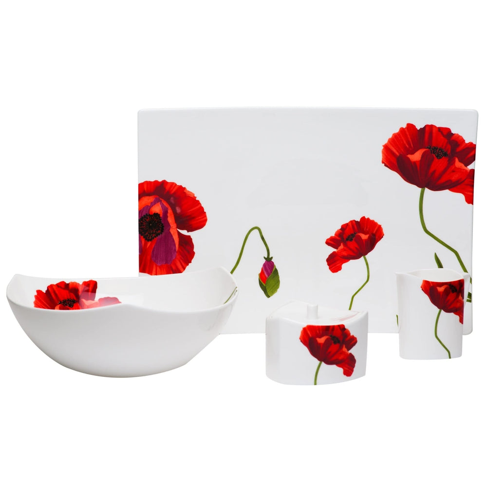 Knight Red Poppy Salad Bowl 9.75" White Floral Bone China 1 Piece Microwave Safe - Diamond Home USA