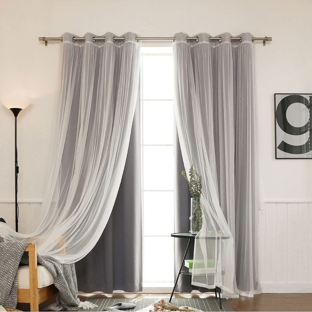Aurora Home Mix and Match Blackout and Tulle Lace Sheer Silver Grommet 4-piece 52"W x 84"L - Dark Grey