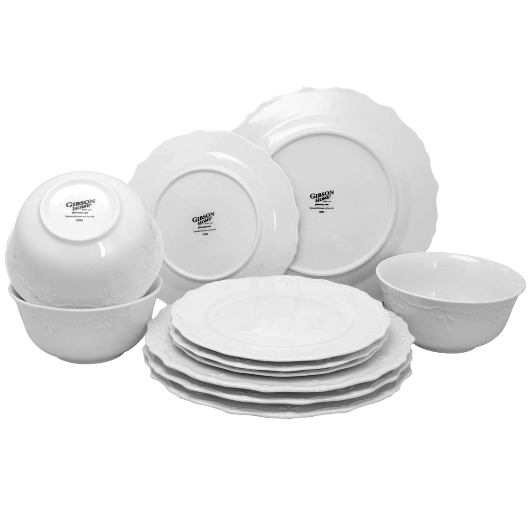 Fine Ceramic Embossed Pc Dinnerware Set In White Solid Casual Round Stoneware 12 - Diamond Home USA