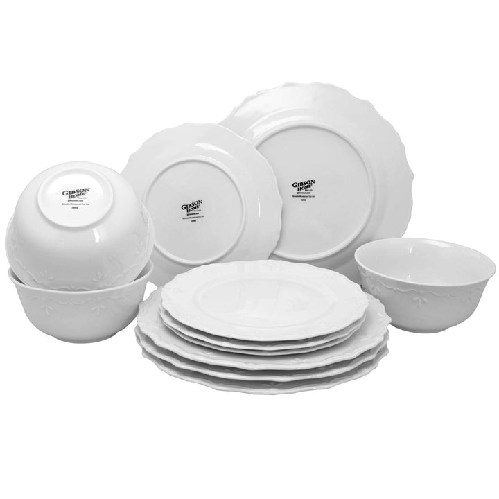 Fine Ceramic Embossed Pc Dinnerware Set In White Solid Casual Round Stoneware 12 - Diamond Home USA