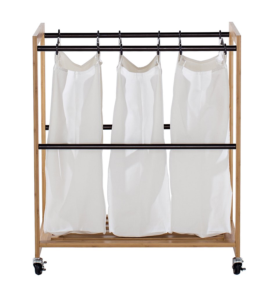 TRINITY 3-Bag Bamboo Laundry Cart Laundry-Room Organization and Dirty Clothes