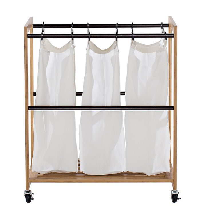 TRINITY 3-Bag Bamboo Laundry Cart Laundry-Room Organization and Dirty Clothes