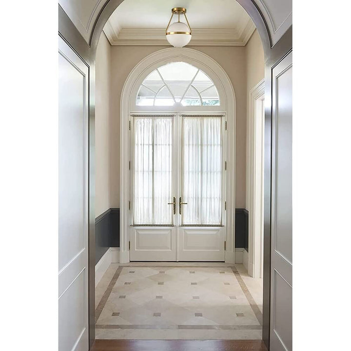 Mid Century Brass Globe Semi Flush Mount Ceiling Light Opal Glass Shade - Diamond Home USA