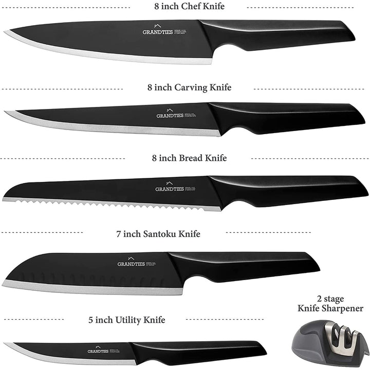 Onyx Nonstick High Carbon German Stainless Steel 7pc Kitchen Knife Set Black