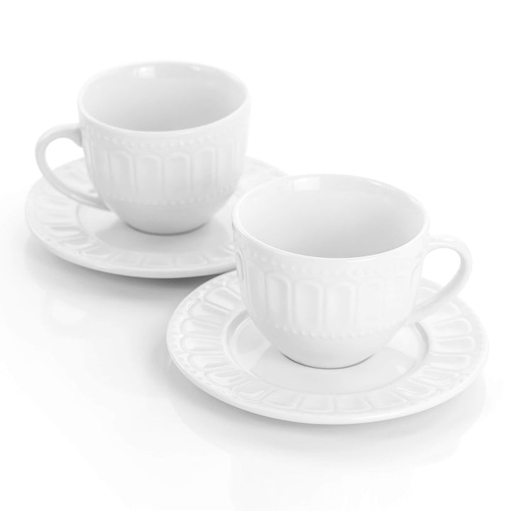 Tea Cup and Saucer 6 Piece Set in Daisy White Textured Round Porcelain - Diamond Home USA