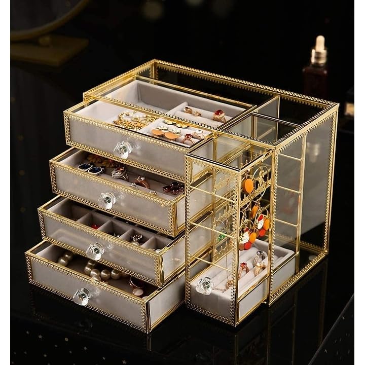 Golden Brass Vintage Glass Jewelry Boxjewelry Organizer With 4 Drawers Earring - Diamond Home USA