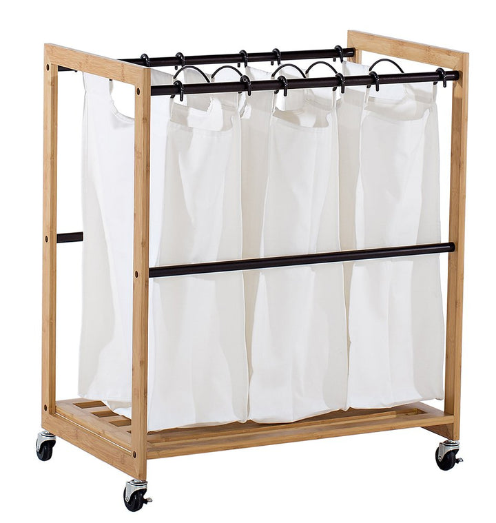 TRINITY 3-Bag Bamboo Laundry Cart Laundry-Room Organization and Dirty Clothes