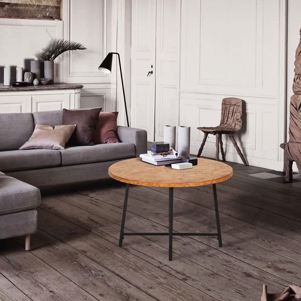 Wood-Look Concrete Round Coffee Table with Steel Base 28" d X 18" h Brown Rustic - Diamond Home USA