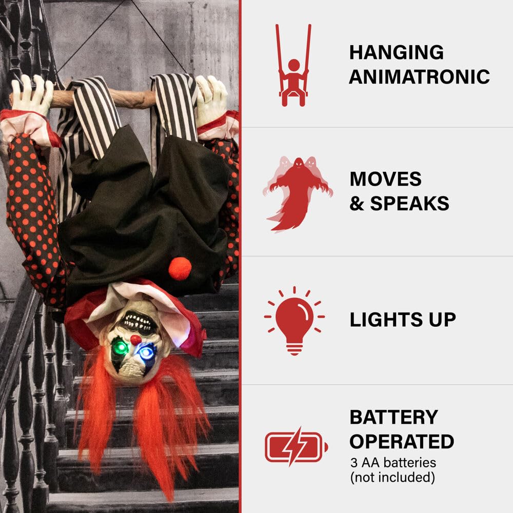Haunted Hill Farm Upside-Down Talking Clown Animatronic with Trapeze Creepy - Diamond Home USA