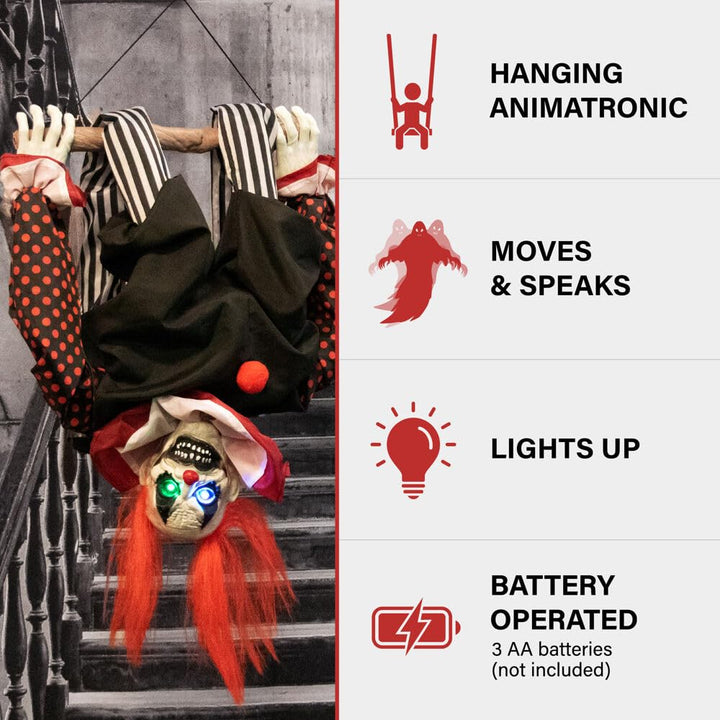 Haunted Hill Farm Upside-Down Talking Clown Animatronic with Trapeze Creepy - Diamond Home USA
