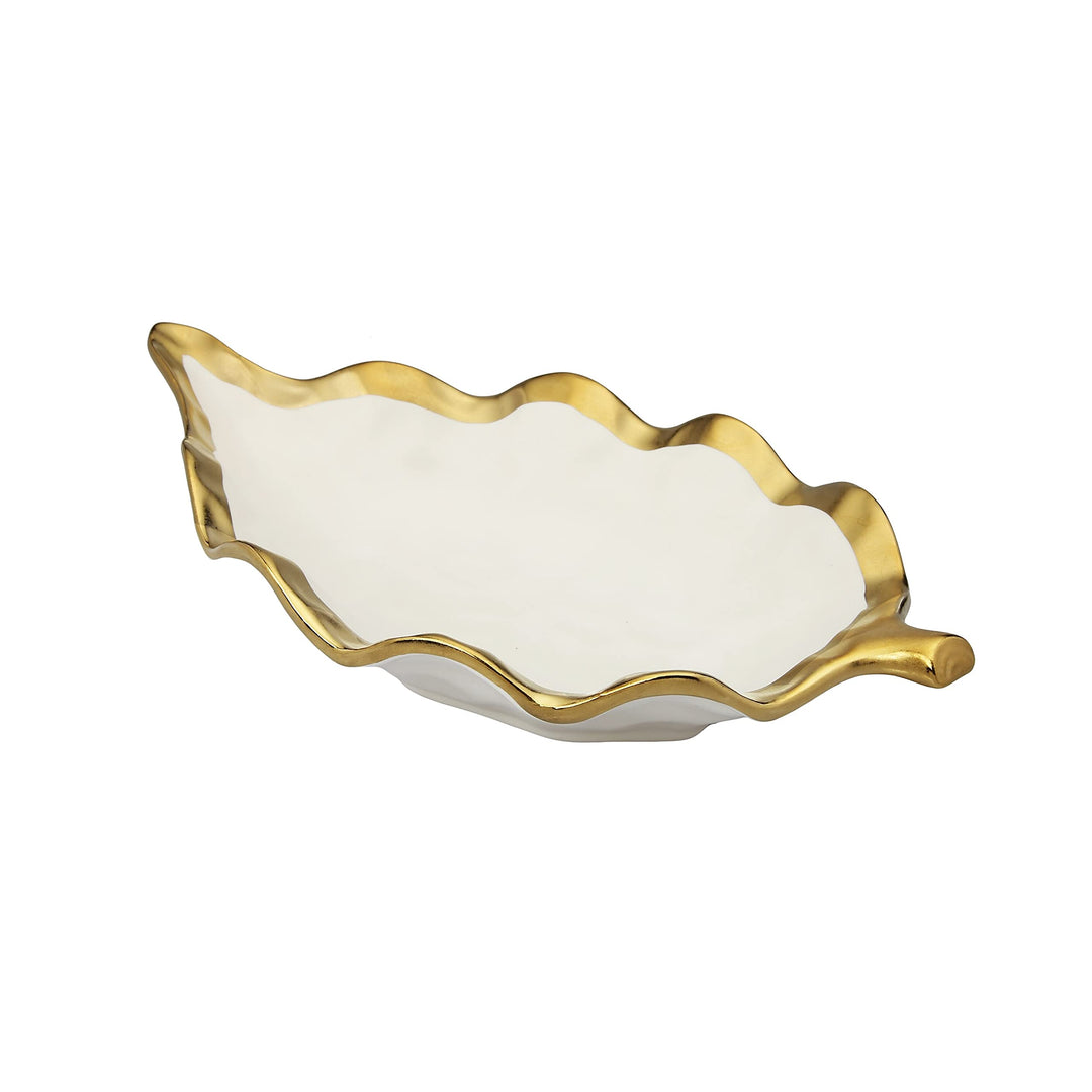 11" l Gold White Porcelain Leaf Shaped Dish Solid Modern Contemporary Novelty