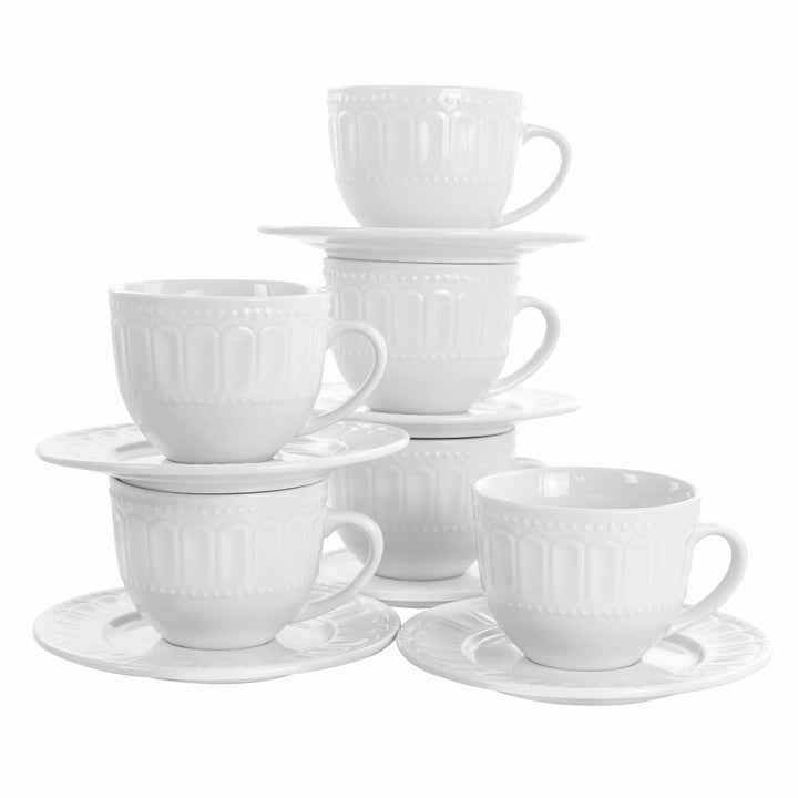 Tea Cup and Saucer 6 Piece Set in Daisy White Textured Round Porcelain