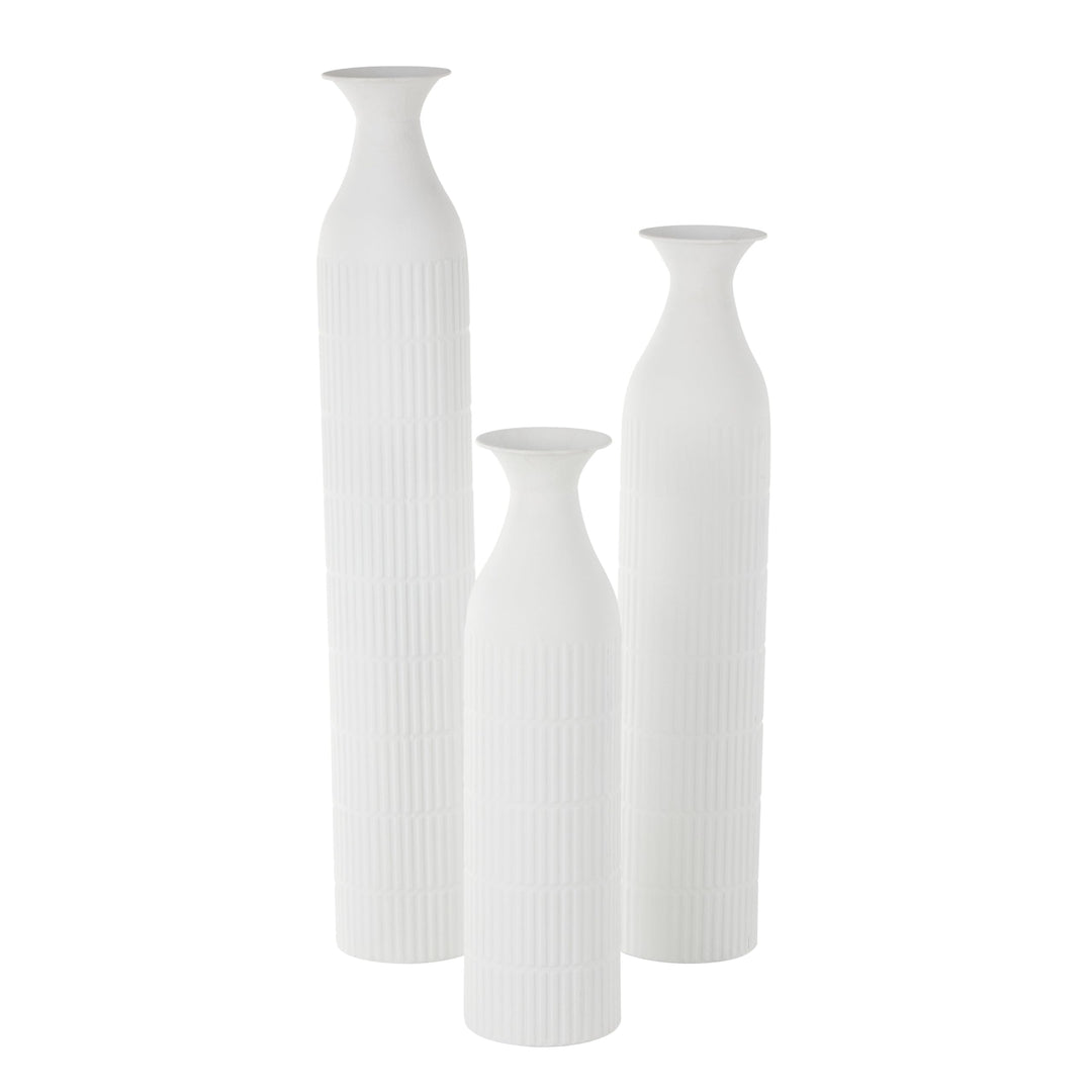 White Metal Tall Slim Ribbed Floor Vase (Set of 3) - Diamond Home USA