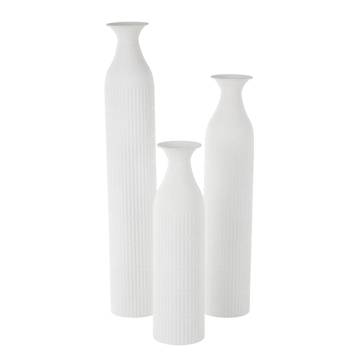 White Metal Tall Slim Ribbed Floor Vase (Set of 3) - Diamond Home USA