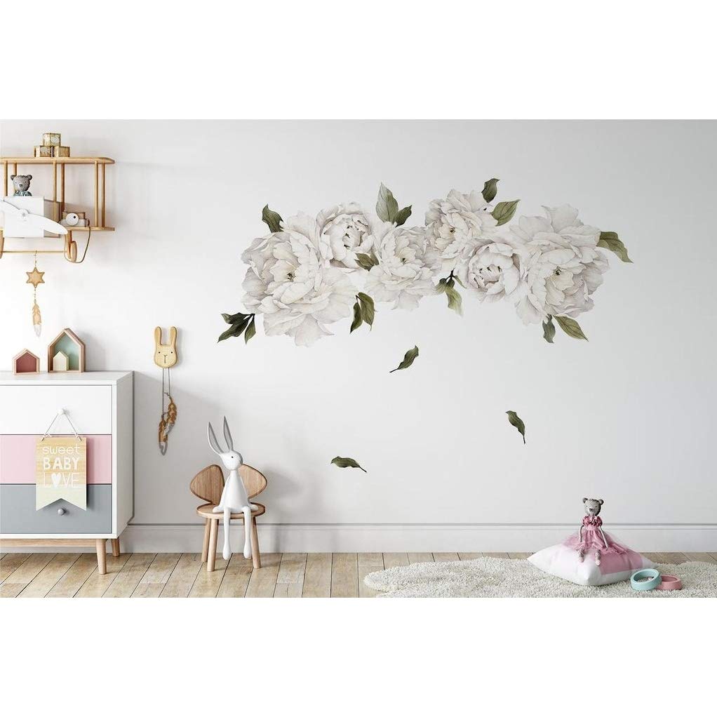 White Peony Flowers Removable Floral Wall Decal Set Off/White Modern - Diamond Home USA