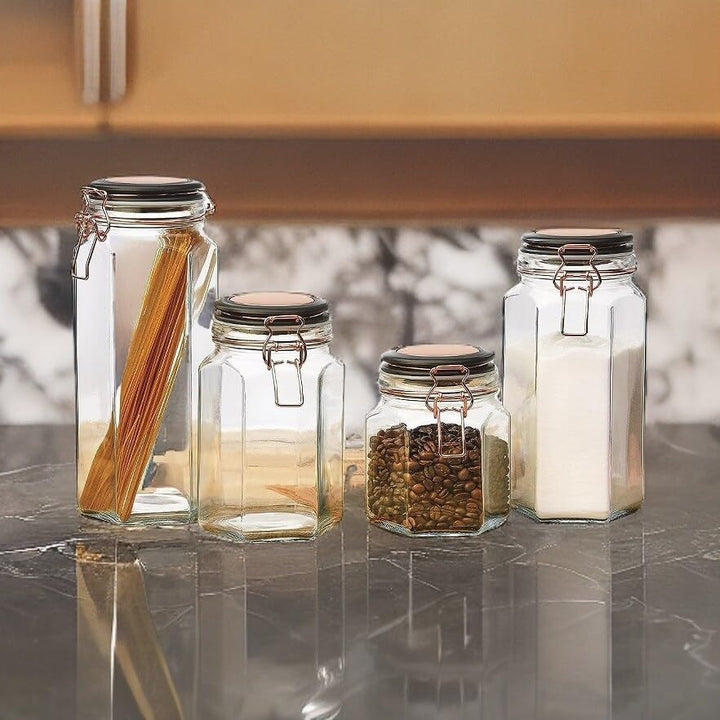 Canister Jar Hexagon Set Of 2 Black Clear Glass - Diamond Home USA