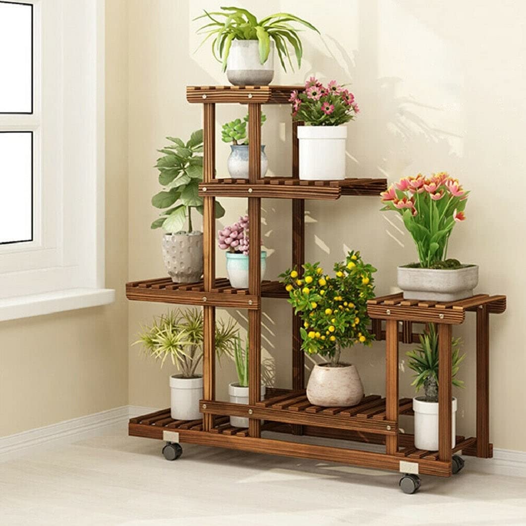 6 Tier Multi-Tiered Solid Wood Plant Stand with Wheels Brown Rustic