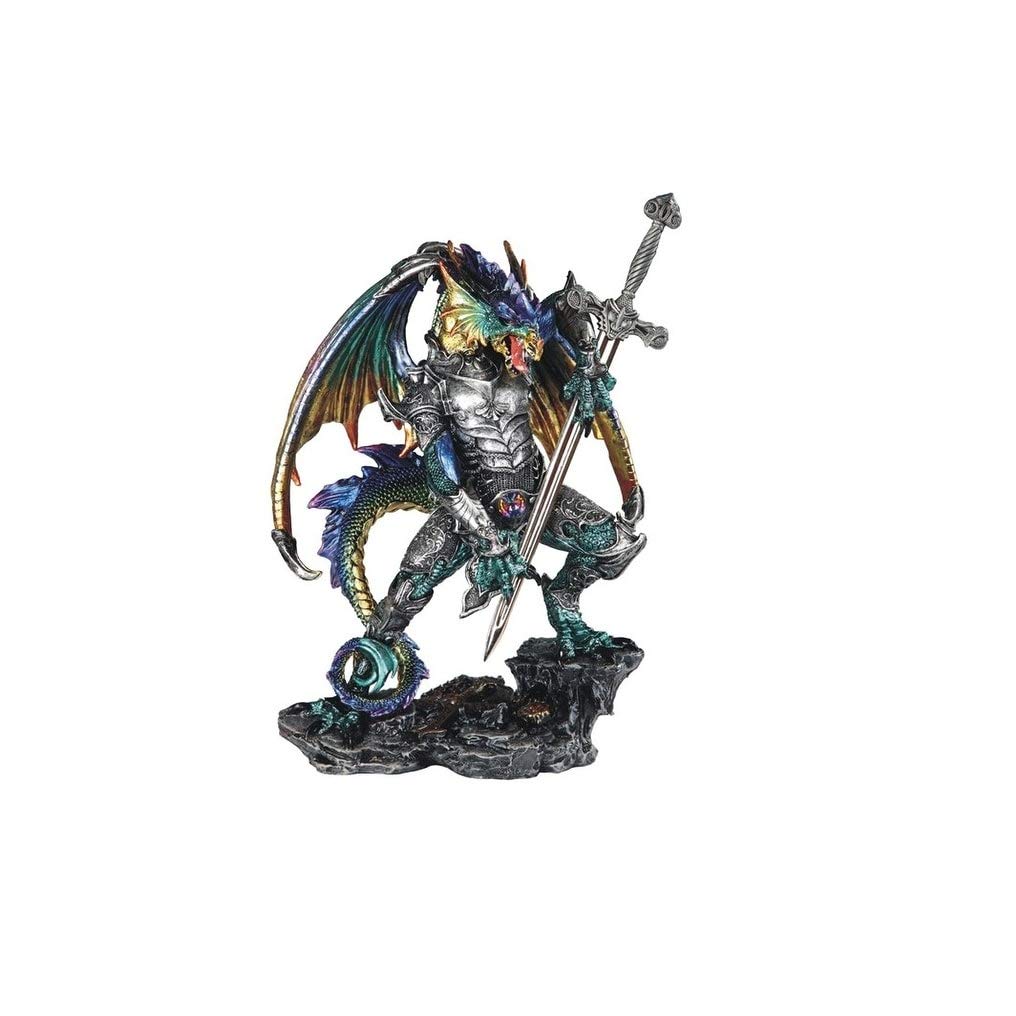 12" h Blue and Green Dragon with Armor Sword Statue Fantasy Decoration