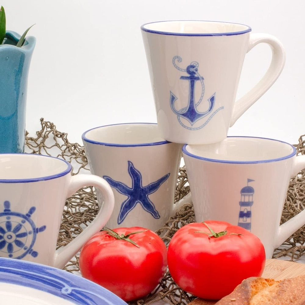 BlueWhite Ceramic 12 Piece Nautical Dessert Set Blue Navy White Coastal Casual - Diamond Home USA