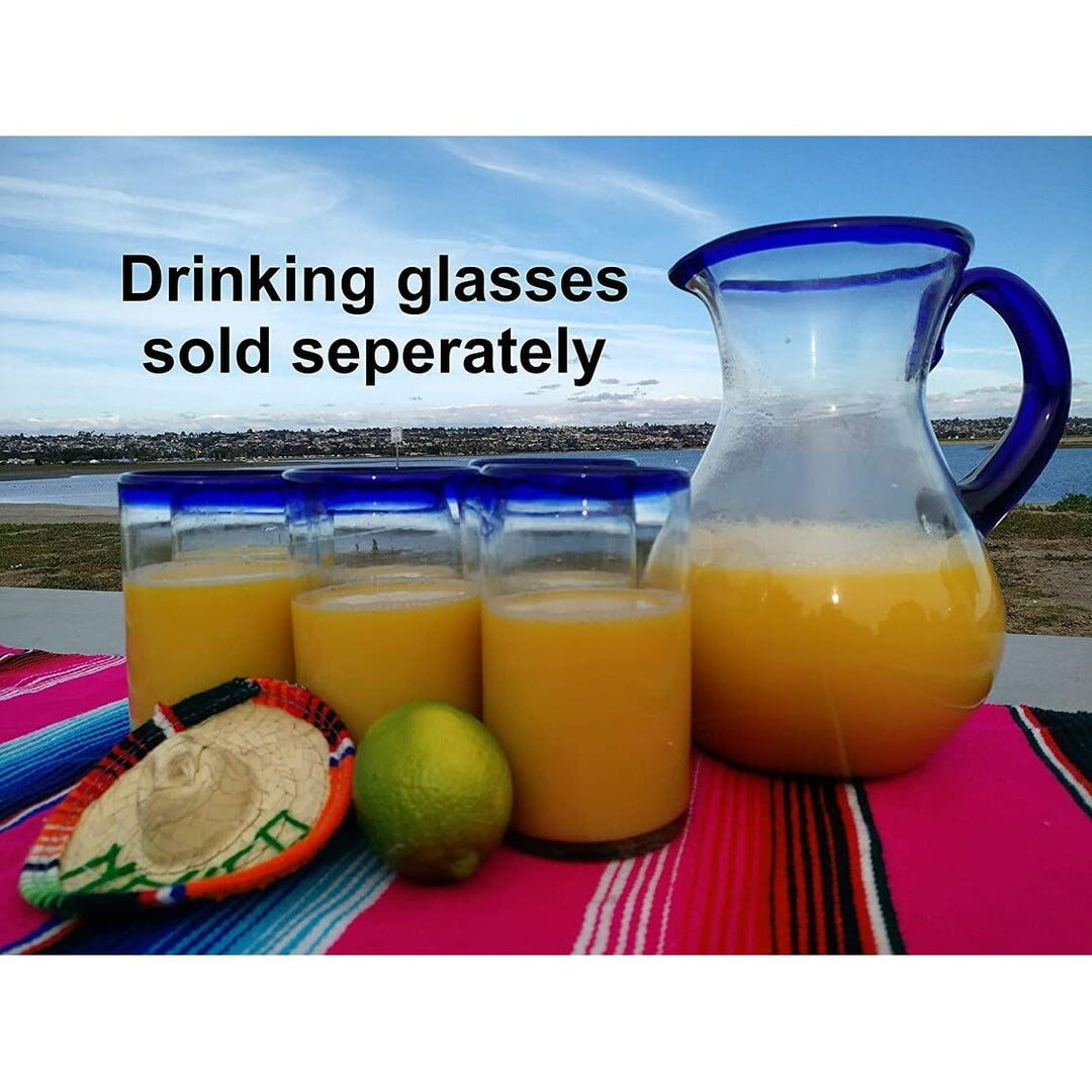 Dos Mexican Hand Blown Glass Pitcher Cobalt Blue Rim and Handle (84 Oz) - Diamond Home USA