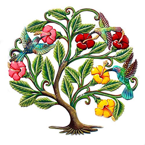 Handmade Painted Hummingbirds and Flowers Recycled Steel Wall Art- Multi Color