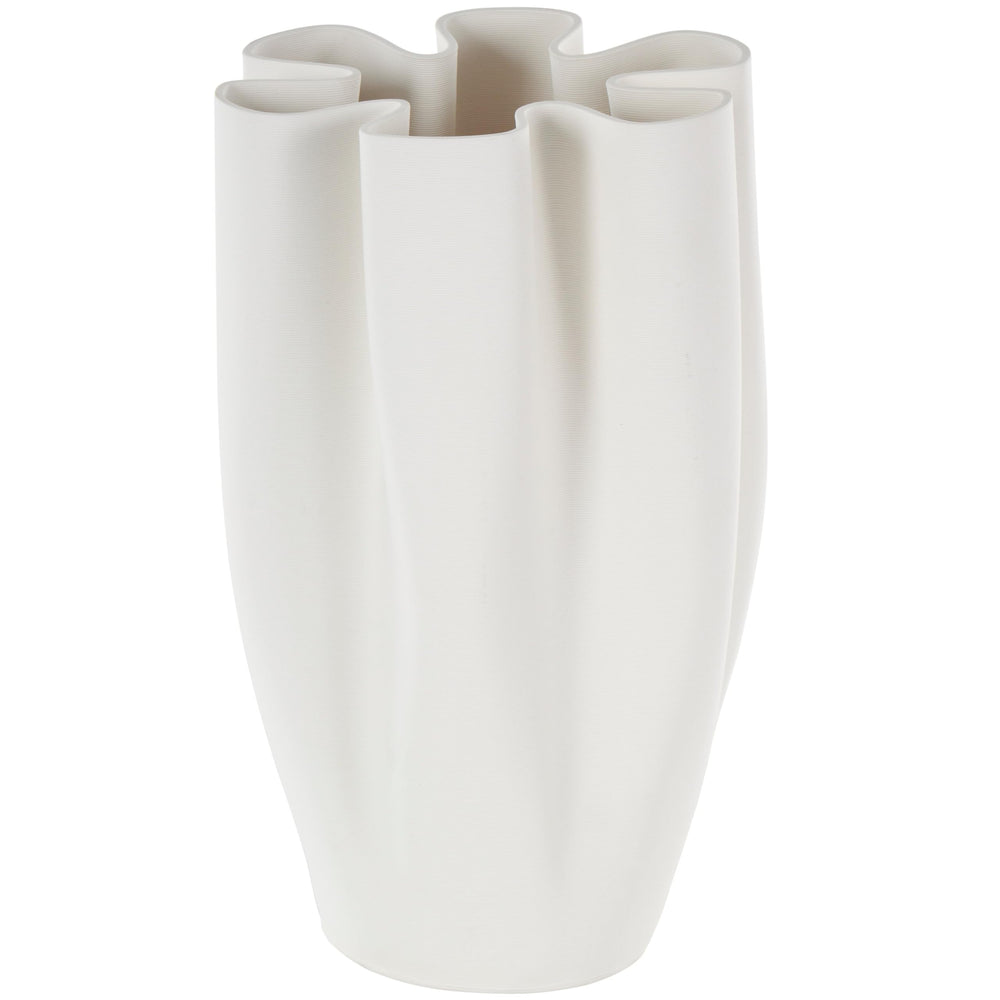 White Ceramic Ribbed Dimensional Folded Abstract Decorative Vase with Floral - Diamond Home USA