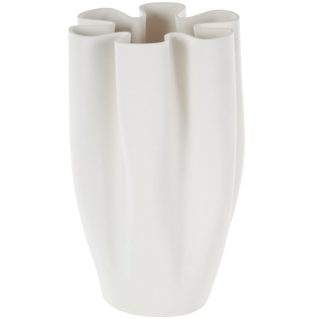 White Ceramic Ribbed Dimensional Folded Abstract Decorative Vase with Floral - Diamond Home USA