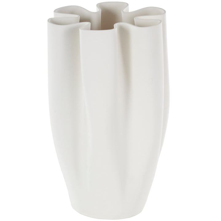 White Ceramic Ribbed Dimensional Folded Abstract Decorative Vase with Floral - Diamond Home USA