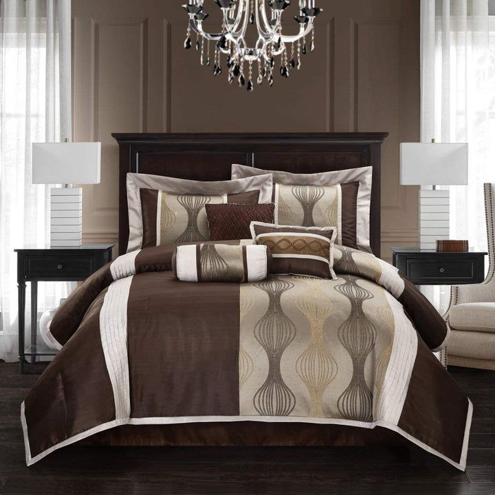 7 Piece Coffee n Gold Color Geometric Comforter Cal King California Set Brown - California King