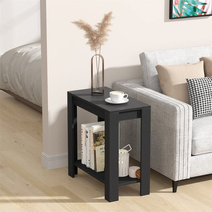 Narrow End Table with Shelf Black Modern Contemporary Rectangular MDF Glossy