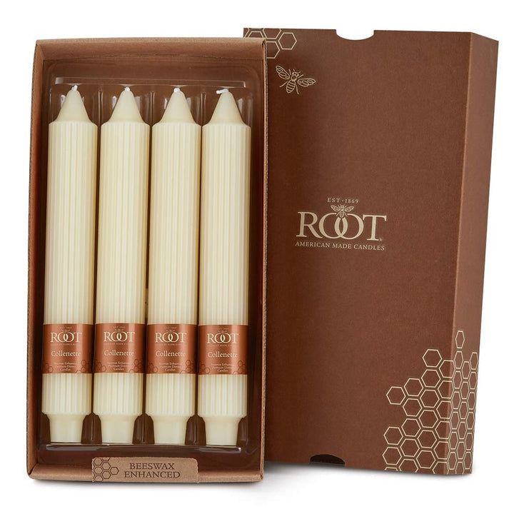 Root Unscented Grecian Collenettes Dinner Candles 9-Inch Tall Box of 4 Ivory 9 X 1-1/4 - Ivory