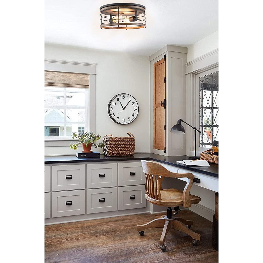 2 Light 13" Caged Drum Flush Mount 13"x5.85" Black Farmhouse Metal Dimmable - Diamond Home USA