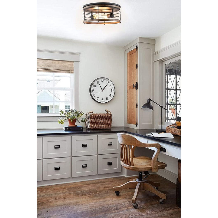 2 Light 13" Caged Drum Flush Mount 13"x5.85" Black Farmhouse Metal Dimmable - Diamond Home USA